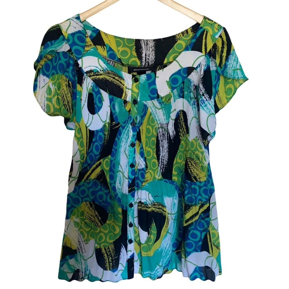 Ashley Stewart blouse Size 24 Blue button down scoop neck short sleeve